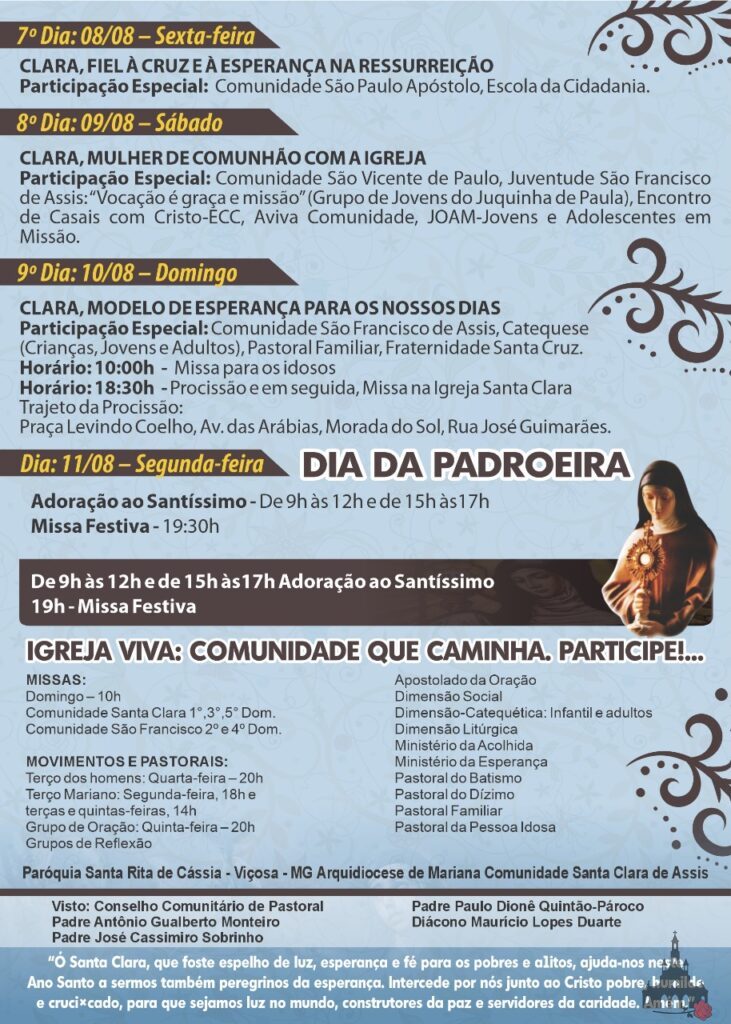 programação da festa de santa clara 2025
